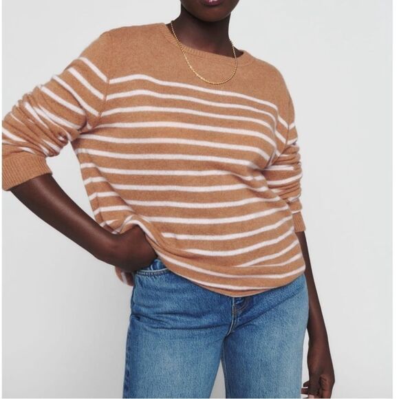 Reformation 100% Cashmere Tan White Striped boyfriend crew boxy sweater small - Picture 1 of 6